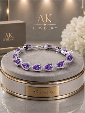 💎LUXURY WHITE GOLD BRACELET Teardrop Purple CZ Water Drop Tennis, 14 Pave